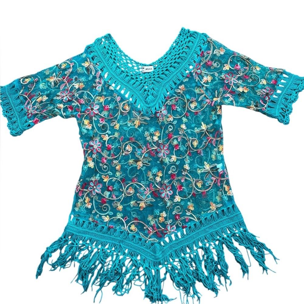 ASHA Sheer‎ Swim Cover Up Embroidered Floral w Fringe OS